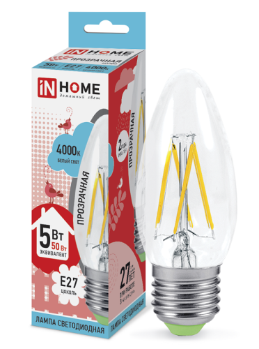 Лампа светодиодная филамент InHome Deco С37 Свеча FR 5Вт 230В Е27 450Лм 4000К  картинка 